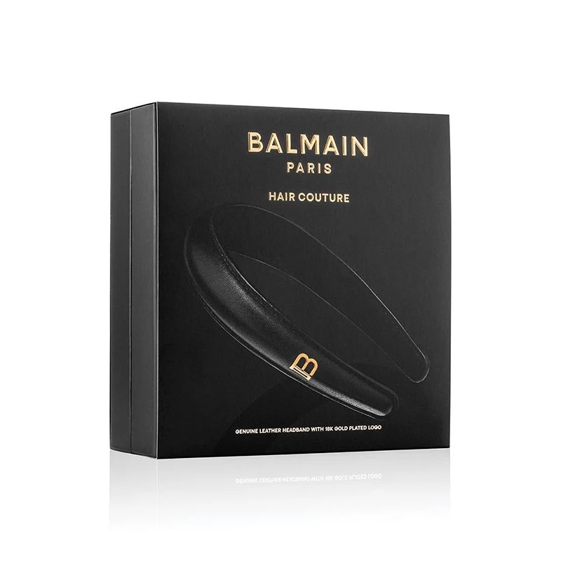 Balmain Black Leather Puffed Headband Opaska Czarna ze złotym monogramem