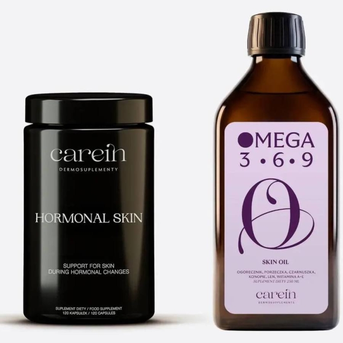 Carein Hormonal Acne Skin + Skin Oil Na zmniejszenie nasilenia trądziku hormonalnego 120 kaps.